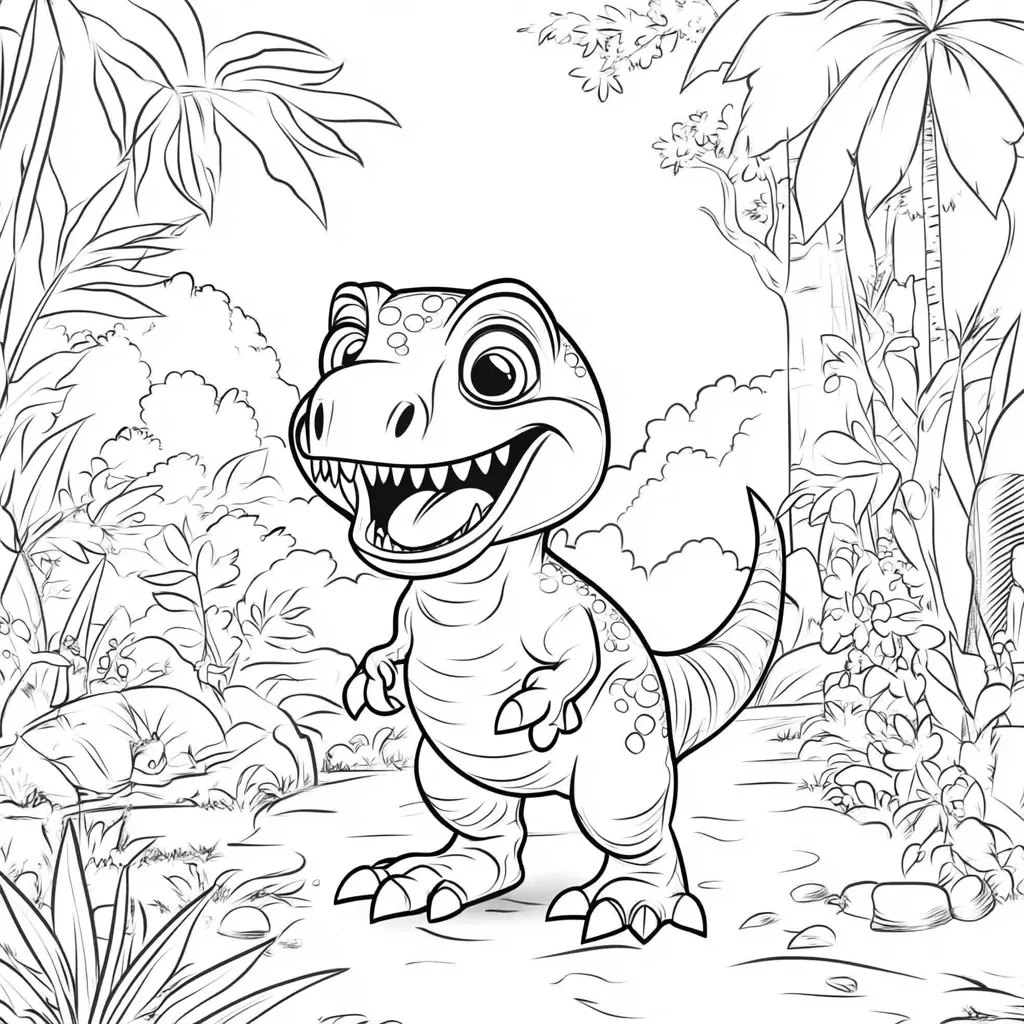 A cute, cartoon baby T-Rex stands in a lush jungle setting.  The dinosaur is drawn in a playful style, with large eyes and an open mouth, showing its tongue.  Surrounding it are palm trees, bushes, and rocks, creating a vibrant prehistoric landscape perfect for coloring.  The detailed line art is ideal for children's coloring books.