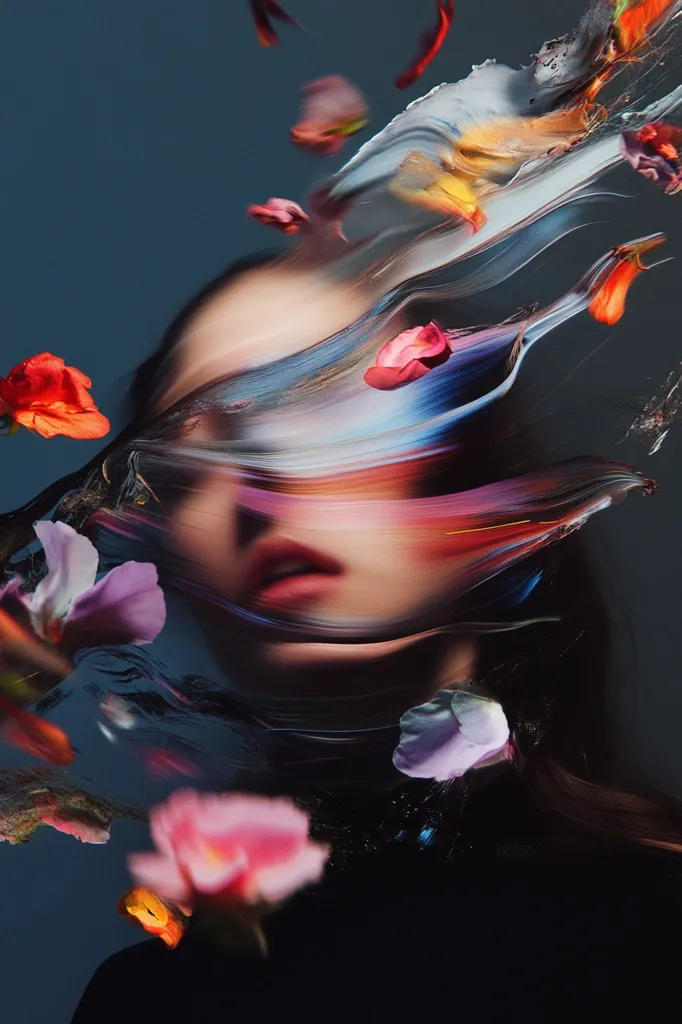 A woman's face is partially obscured by vibrant, abstract brushstrokes of paint, mimicking the movement of water.  Flowers in various colors, including pinks, oranges, and purples, float around her and intertwine with the painted texture. The overall effect is surreal and dreamlike, blending portraiture with abstract art.  The dark background enhances the intensity of the colors.