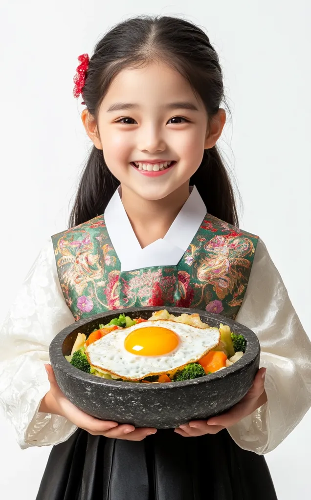 A smiling young girl, wearing a traditional Korean Hanbok, proudly presents a bowl of Bibimbap.  The vibrant dish features a sunny-side-up egg nestled amongst colorful vegetables. The girl's joyful expression and the appealing food create a cheerful and culturally rich image.