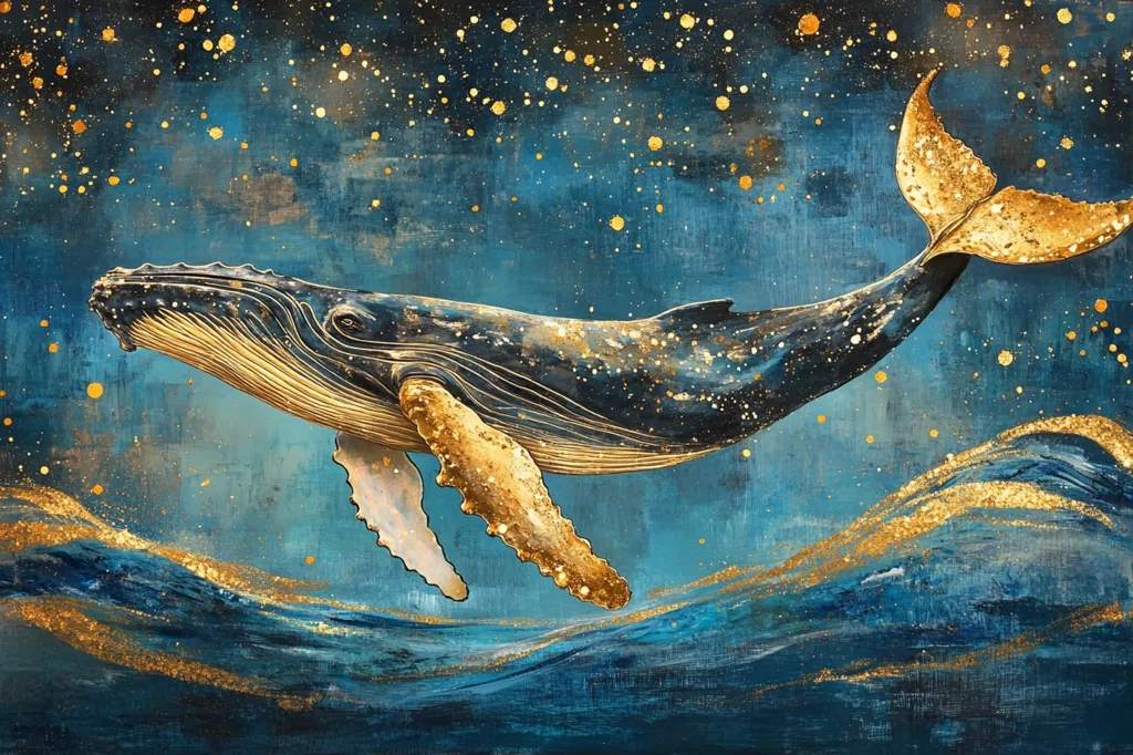 A majestic humpback whale, rendered in deep blues and accented with gold, glides through a celestial ocean.  Gold flecks shimmer like stars across the dark blue water and sky, creating a magical, ethereal atmosphere. The whale's form is elegantly detailed, its flippers and tail emphasized with golden highlights. The textured paint style adds depth and richness to the artwork, evoking a sense of wonder and serenity.