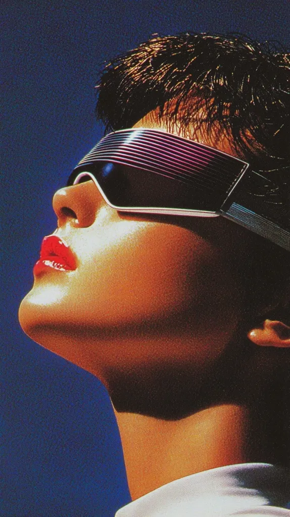A close-up portrait showcases a person with short, dark hair, gazing upward.  They wear futuristic, visor-like sunglasses with a vibrant, striped design. The lighting accentuates the subject's warm skin tones and bold red lipstick. The background is a deep, rich blue, creating a striking contrast with the subject's complexion. The overall aesthetic is reminiscent of 1980s synthwave art.