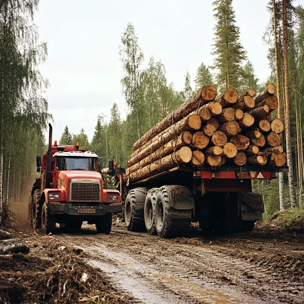 A large red logging truck, heavily laden with a massive stack of logs, navigates a muddy forest road.  The truck's powerful tires churn the wet earth, leaving deep tracks.  The surrounding forest is dense with tall pine trees, suggesting a remote logging operation. The scene depicts the challenging conditions of timber transportation.
