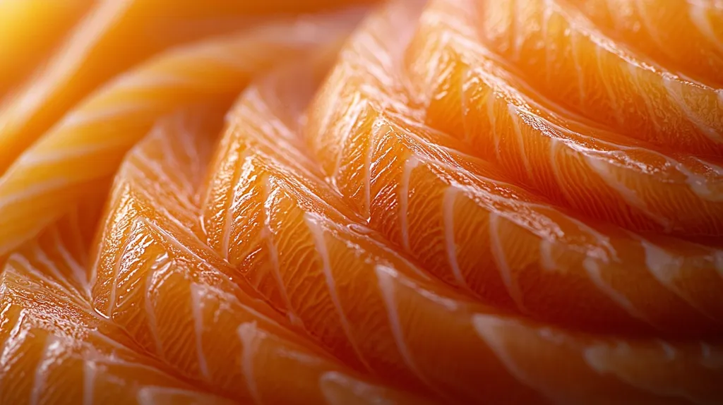 A close-up shot reveals meticulously sliced salmon fillets, their vibrant orange hue and delicate texture highlighted.  The glistening surface showcases the fish's natural marbling, creating a visually appealing pattern of overlapping, translucent segments.  The image emphasizes the freshness and quality of the salmon, inviting a sensory experience.