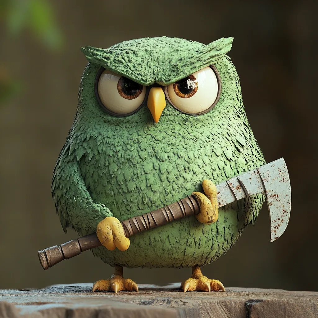 A 3D rendered image of a grumpy-looking green owl clutching a rusty, bladed weapon.  The owl has large, expressive eyes and a textured, almost mossy appearance.  Its stance is firm, and it appears to be menacing. The background is blurred, focusing attention on the owl and its weapon.