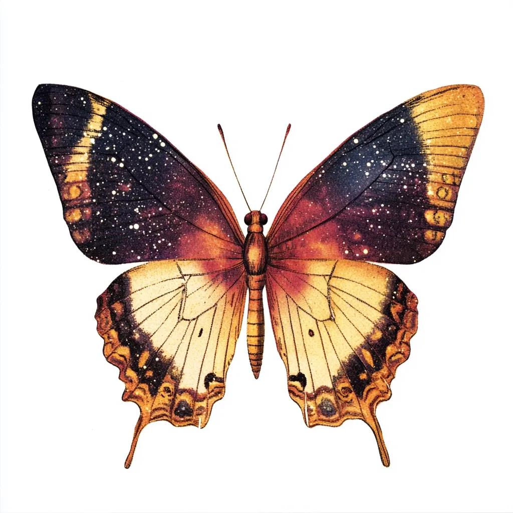 A detailed illustration showcases a butterfly with wings adorned in a celestial pattern.  The upper wings display deep purples and blues speckled with tiny lights, resembling a night sky.  The lower wings are a warm, ochre yellow with intricate, dark brown detailing. The body is a rich, reddish-brown.  The overall effect is a striking blend of cosmic and earthly beauty.