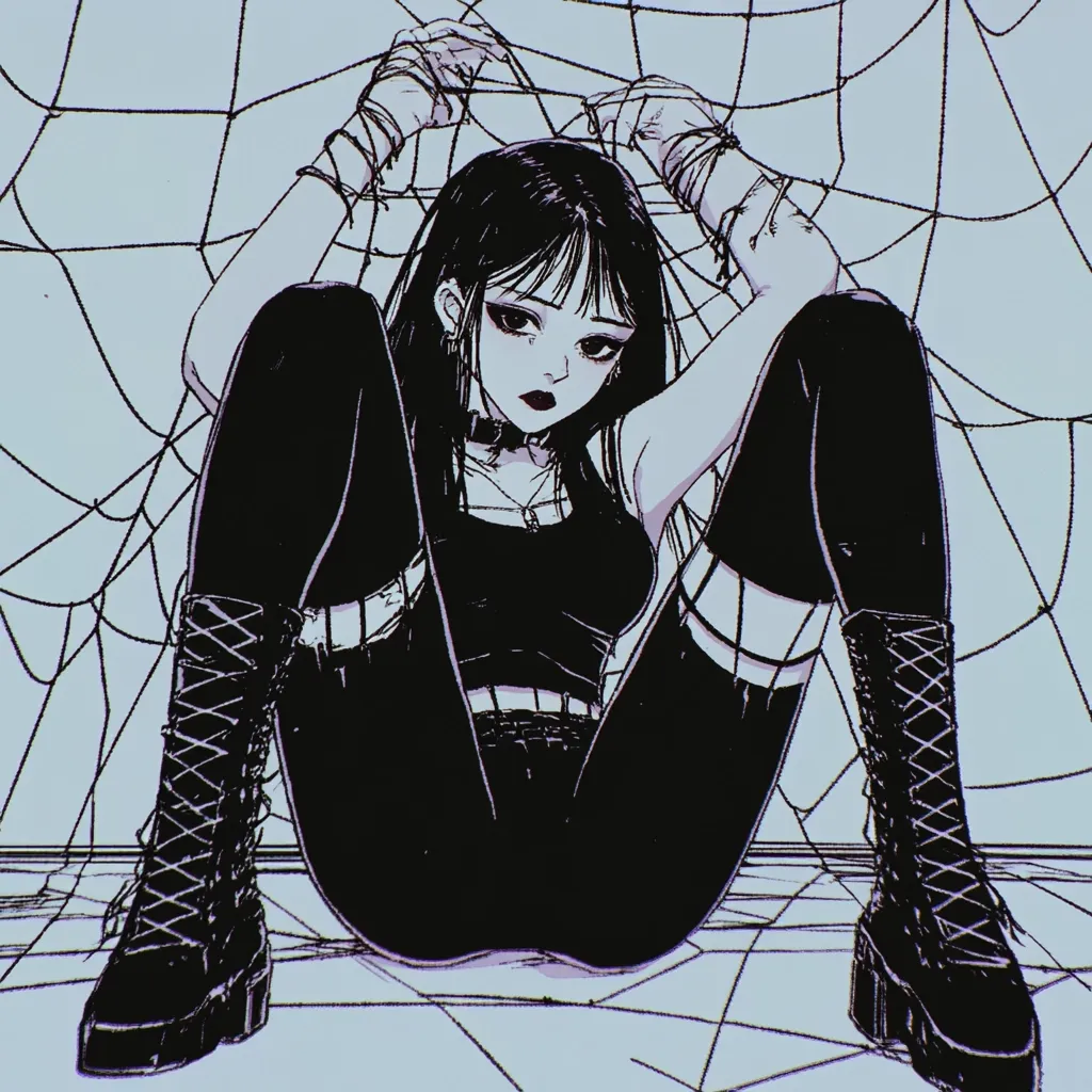 An anime-style girl with dark hair and clothing sits within a large spiderweb.  She wears black combat boots and her wrists are bound with white cloth.  Her expression is somber and slightly melancholic. The overall aesthetic is dark and gothic, with a focus on contrasting black and pale purple tones. The image has a somewhat distressed, sketchy quality.