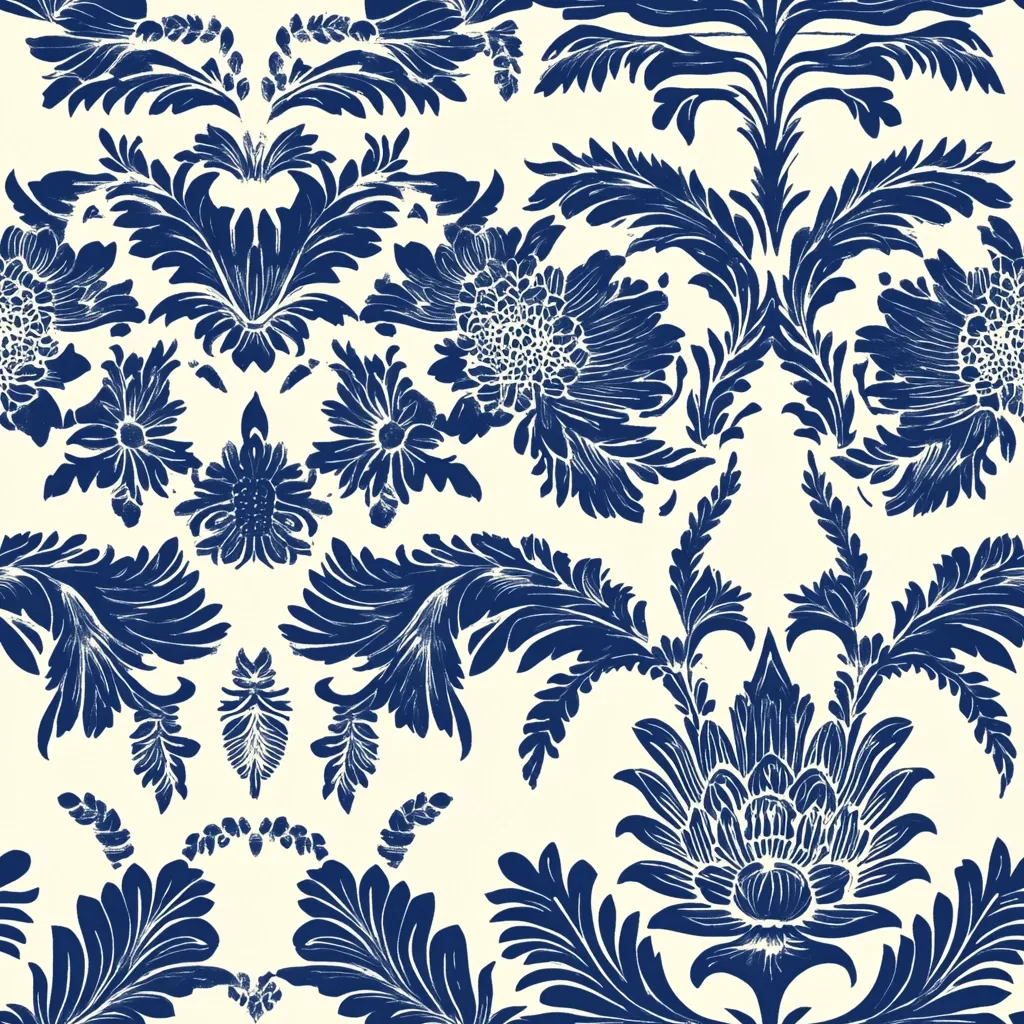 A repeating pattern showcases a rich, navy blue damask design on a creamy off-white background.  Intricate floral motifs, featuring stylized chrysanthemums and acanthus-like leaves, create a symmetrical, opulent effect. The slightly distressed, hand-printed aesthetic adds a vintage charm to this elegant textile or wallpaper design.  The pattern is dense and detailed, exhibiting a classic Baroque or Rococo influence.