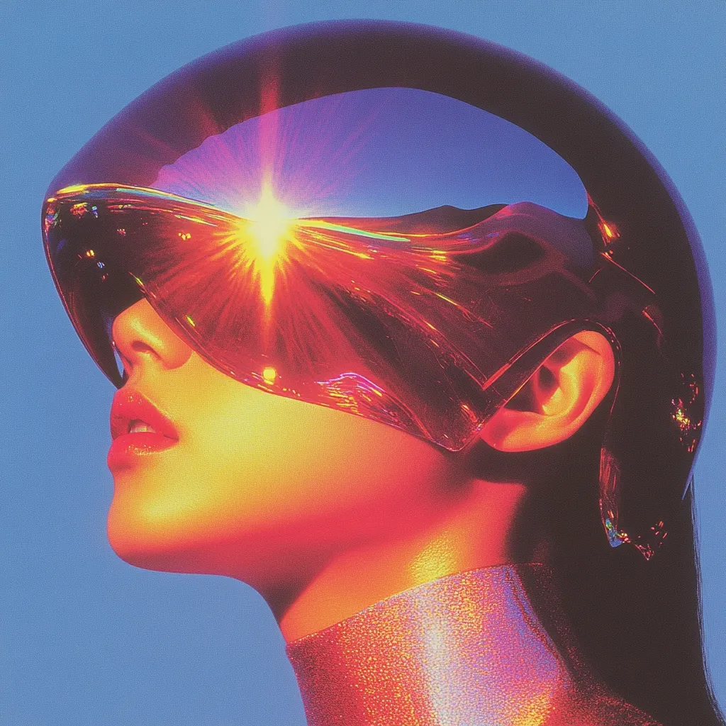 A vibrant, stylized portrait of a woman wearing a large, translucent helmet or visor. The helmet reflects a bright sun, creating a dramatic, radiant effect. The woman's face is bathed in warm, saturated colors, enhancing the futuristic and surreal atmosphere.  The overall aesthetic evokes a sense of retro-futurism, blending vintage style with advanced technology.