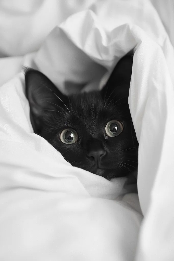 A black kitten with striking green eyes peeks out from under a white duvet cover.  Only its head and shoulders are visible, creating a playful and mysterious image. The contrast between the dark fur and the bright white bedding emphasizes the kitten's curious expression.  The soft texture of the bedding is apparent, adding to the overall cozy feeling of the photograph.