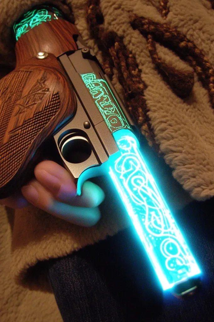 A close-up shot reveals a handgun with a unique design. The grip is crafted from rich, dark wood, intricately carved.  The slide features glowing teal engravings, possibly runes or a similar design, that illuminate the weapon.  The gun is held in a hand, partially obscured by a tan, fuzzy garment. The overall aesthetic is one of fantasy and sci-fi fusion.