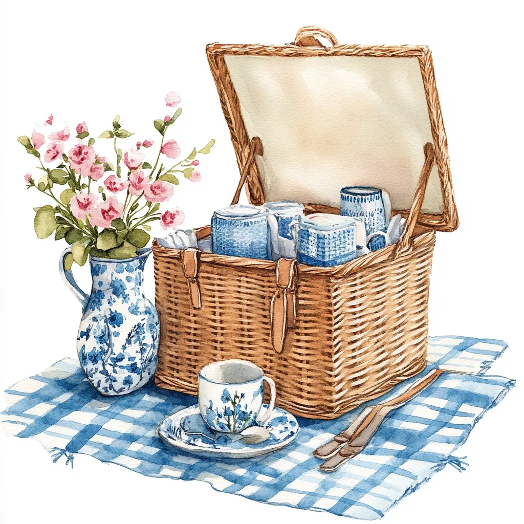 A watercolor painting depicts a charming picnic scene.  A wicker basket, its lid open, reveals a set of blue and white china mugs.  Beside it sits a matching teacup and saucer, a blue and white pitcher filled with pink flowers, and a blue and white checkered tablecloth.  The overall style is delicate and romantic, suggesting a peaceful outdoor setting.