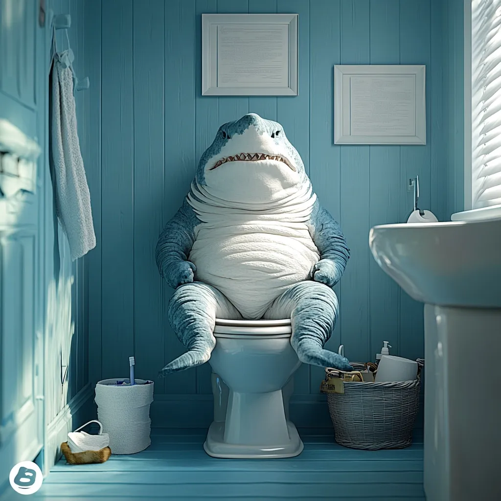 A large, overweight cartoon shark sits on a toilet in a light blue bathroom.  The shark has a placid expression.  The bathroom features white fixtures and simple decor, including framed pictures and a wicker basket.  A toothbrush and toilet paper are visible nearby.  The overall scene is humorous and surreal.