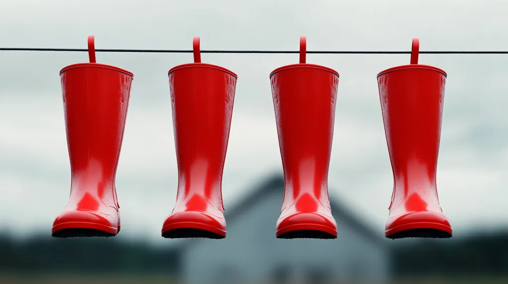 Four bright red rain boots hang from a clothesline against a blurred background of a farmhouse and overcast sky.  The boots appear wet, suggesting recent use. The image evokes a sense of simplicity and perhaps a quiet, rainy day in the countryside.  The vibrant red color contrasts sharply with the muted tones of the landscape.