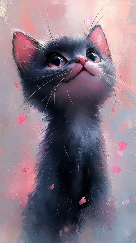 A digital painting of an adorable black kitten looking up.  Its large, expressive eyes and slightly upturned mouth convey a sense of wonder and innocence.  The soft, pastel pink background is subtly textured, with delicate pink flower petals floating around the kitten, enhancing the dreamy, whimsical atmosphere. The artist's style is painterly and impressionistic, focusing on soft light and color blending.