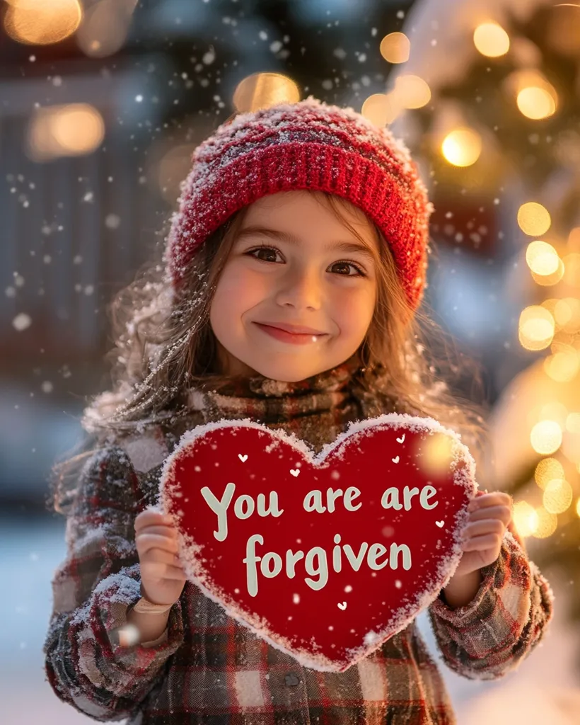 A cute little girl, wearing a red knitted hat and plaid jacket, stands in the snow.  She holds a red heart-shaped sign that reads "You are forgiven."  The scene is softly lit with warm Christmas lights in the background, creating a magical, wintery atmosphere. Snowflakes gently fall around her.