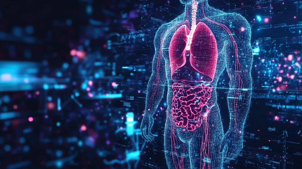 A digital rendering of a human torso showcases internal organs, including lungs and intestines, rendered in vibrant pink and blue hues.  The figure is composed of interconnected nodes, creating a mesh-like structure against a backdrop of swirling data streams and binary code, suggesting a futuristic medical or technological context. The overall aesthetic is sleek and otherworldly.