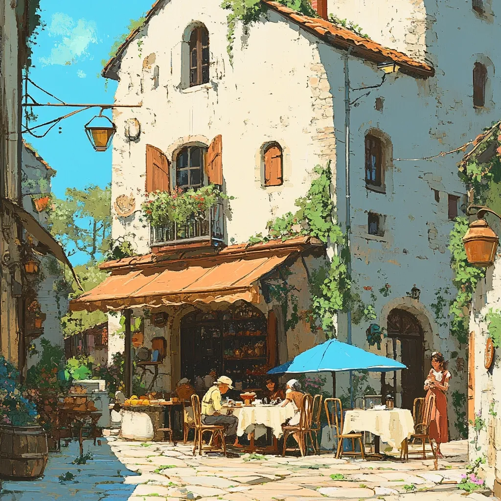A sun-drenched European street scene unfolds, centered around a quaint café housed in a weathered, white building adorned with climbing vines. Patrons sit at tables under a blue umbrella, enjoying their meal.  The building features terracotta-tiled roofs and charming window boxes overflowing with flowers.  The cobblestone street is bathed in sunlight, creating a warm and inviting atmosphere.  The overall style is painterly and reminiscent of a charming village in Italy or France.