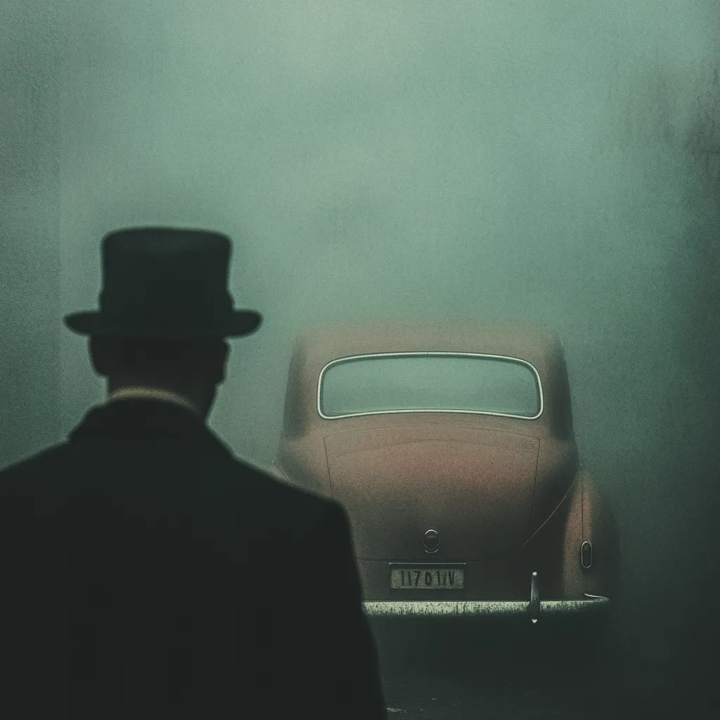 A man in a fedora stands with his back to the camera, facing a vintage car shrouded in thick fog.  The scene is dark and atmospheric, evoking a sense of mystery and suspense.  The car's rear license plate is visible, adding a cryptic detail to the image. The overall mood is somber and evocative of film noir.