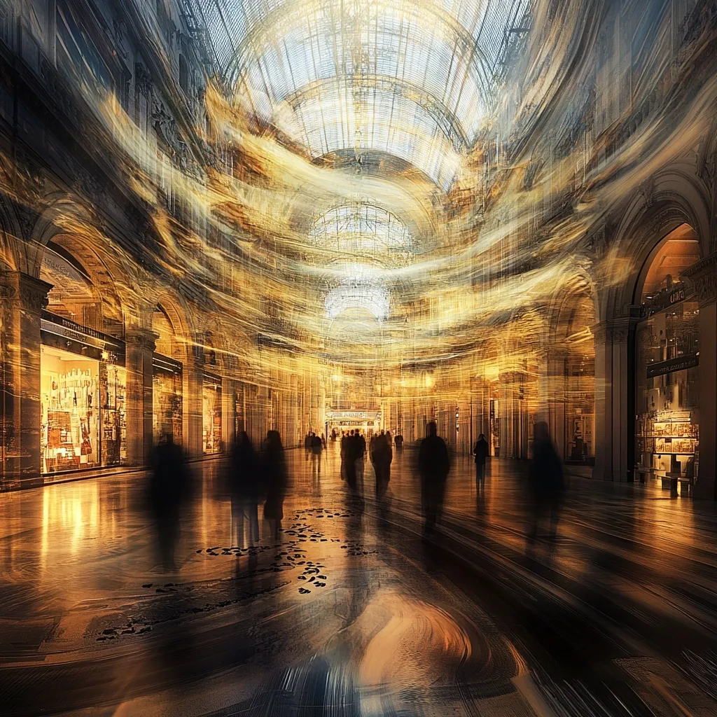 A long, arched hallway with glass ceilings is filled with a swirling, golden light.  Blurred figures of people walk through the space, their forms indistinct. The floor reflects the light, creating a shimmering effect.  The overall impression is one of movement and ethereal beauty, possibly suggesting a dreamlike or surreal atmosphere.  Shop windows line the sides of the hallway.
