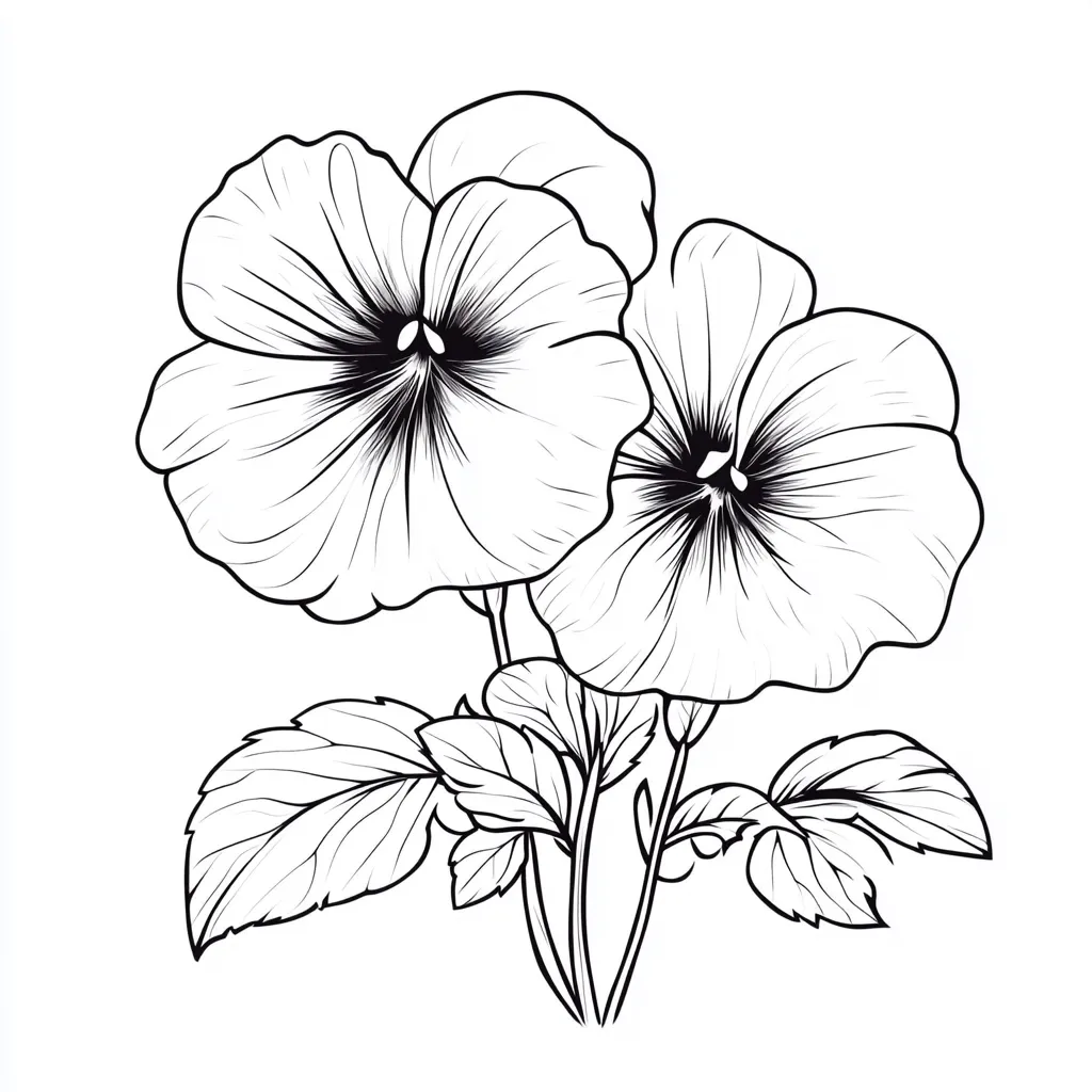 A line drawing showcases two pansy flowers in intricate detail.  Their delicate petals and central markings are clearly defined, contrasted against the simpler yet detailed rendering of the leaves below.  The stems elegantly intertwine, creating a visually appealing floral composition.  The black ink lines on a white background emphasize the graphic nature of the artwork.
