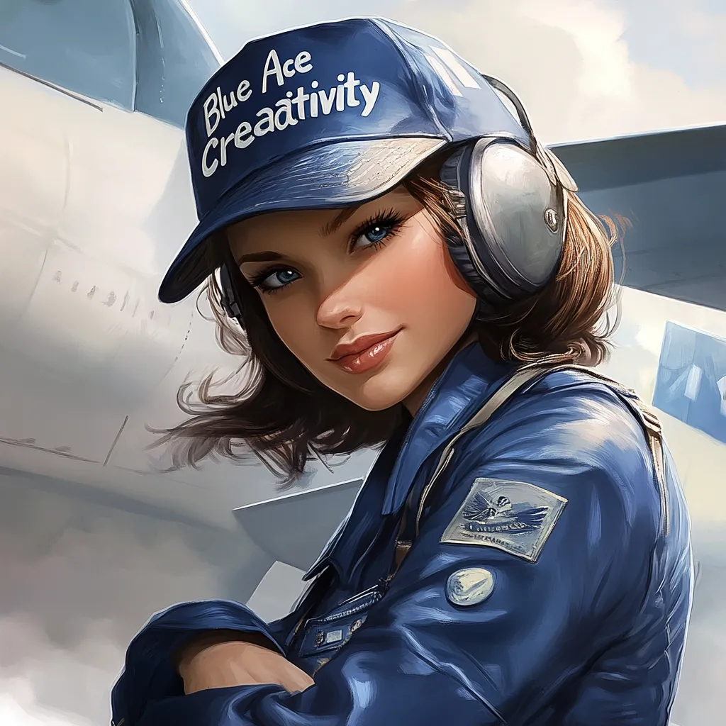 A young woman with shoulder-length brown hair, wearing a blue baseball cap that reads "Blue Ace Creativity," large headphones, and a blue flight jacket adorned with a patch, is the focal point.  Her blue eyes gaze directly at the viewer, showcasing a confident and alluring expression.  The background subtly features a blurred-out airplane, suggesting an aviation or aerospace setting. The overall style is digital painting, with a focus on realistic rendering of the subject.