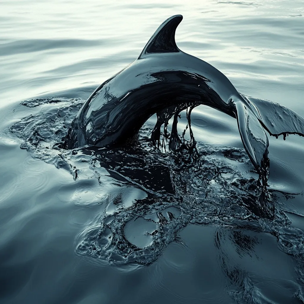 A dolphin, seemingly coated in thick, dark oil, leaps from polluted water.  The oil slicks the surface, creating a dark, disturbing contrast to the dolphin's silhouette.  The image powerfully depicts the devastating impact of oil spills on marine wildlife, highlighting the environmental crisis.