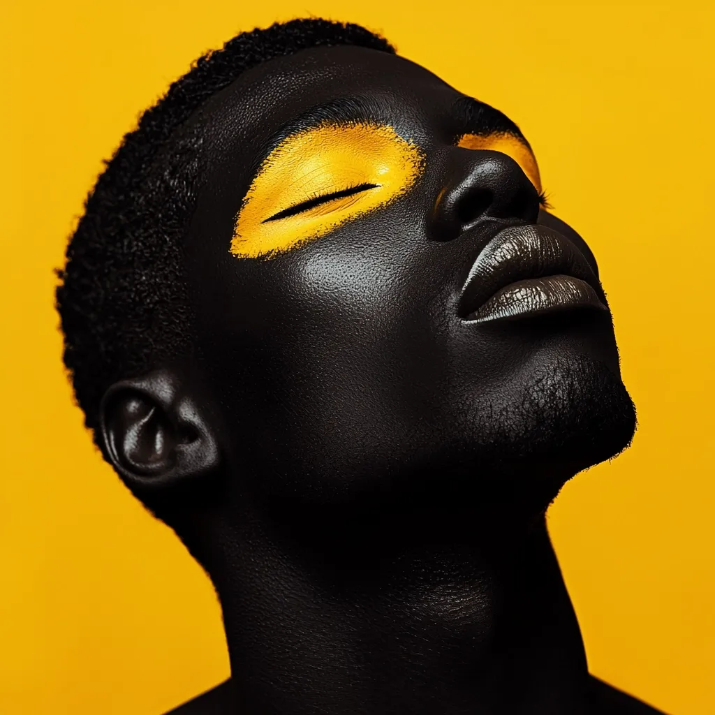 Close-up portrait of a dark-skinned individual with their eyes closed, head tilted back, and vibrant yellow paint accentuating their eyes.  The model's skin is predominantly black, creating a striking contrast against the bright yellow background. The image is bold, artistic, and emphasizes the beauty of contrasting colors and textures.