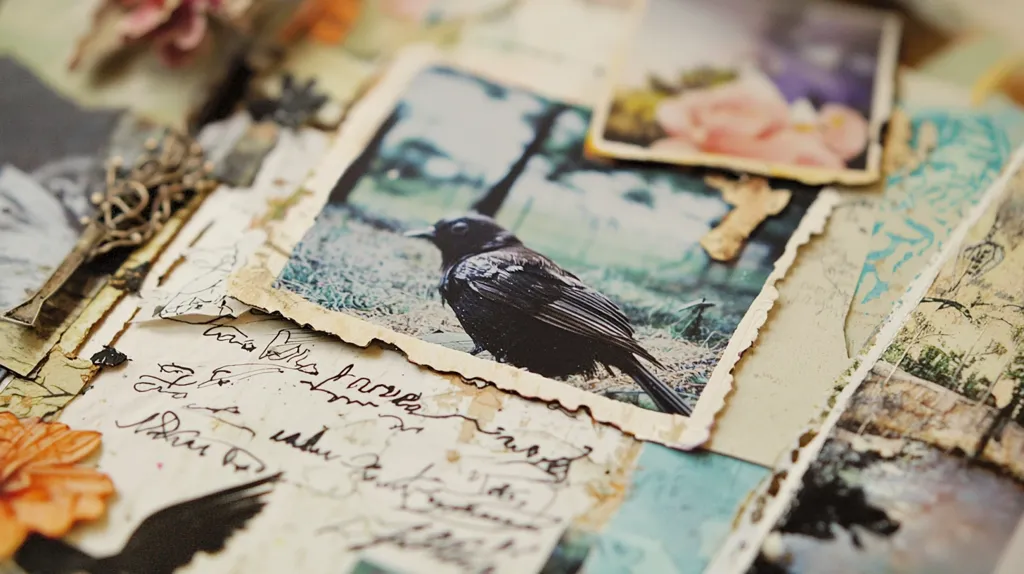 A close-up shot reveals a collage of aged photographs and handwritten notes, layered to create a textured, vintage aesthetic.  Torn edges and faded colors evoke a sense of nostalgia.  A photo of a dark bird stands out amongst images of flowers and indistinct scenes, adding to the scrapbook's eclectic charm. The overall effect is one of cherished memories and forgotten stories.