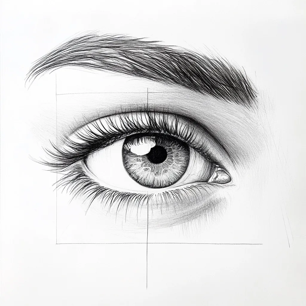 A detailed pencil sketch of a woman's eye, rendered in meticulous detail.  The artist captures the delicate texture of the skin, the individual eyelashes, and the subtle gradations of light and shadow within the iris.  Light construction lines are visible, suggesting a methodical approach to the drawing process. The overall effect is a striking and realistic portrayal of the human eye.