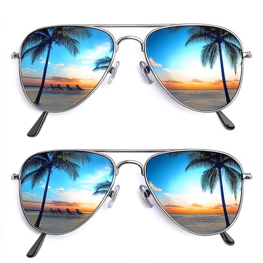Two pairs of aviator sunglasses are shown against a white background.  The lenses reflect a vibrant tropical beach scene at sunset, complete with palm trees and lounge chairs.  The sunglasses are silver-framed and appear to be identical. The mirrored effect creates a dreamy, vacation-like image.