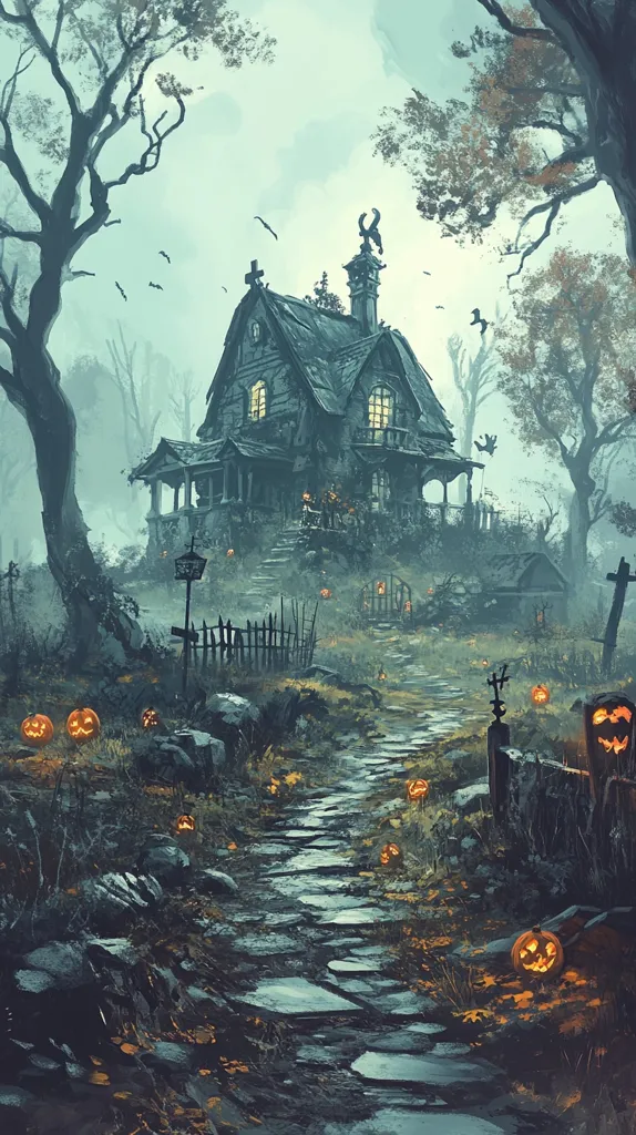 A spooky, gothic-style house sits amidst a misty, wooded landscape.  Jack-o'-lanterns illuminate a stone path leading to the house, which features a dark, aged exterior and glowing windows.  A weathered fence and aged gravestones add to the eerie atmosphere.  Bare trees surround the scene, enhancing the Halloween feel.  The overall mood is mysterious and slightly unsettling.