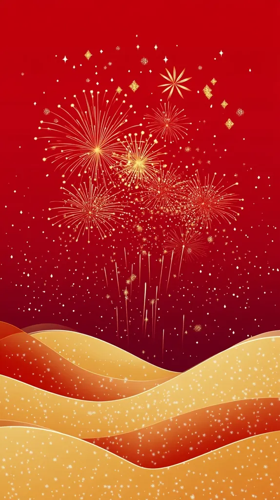 A festive illustration features golden fireworks exploding against a rich red backdrop.  Small, glittering particles add to the celebratory atmosphere.  Below, stylized golden hills create a rolling landscape, adding depth and warmth to the image. The overall effect is one of joy and celebration, possibly representing a holiday or special occasion.