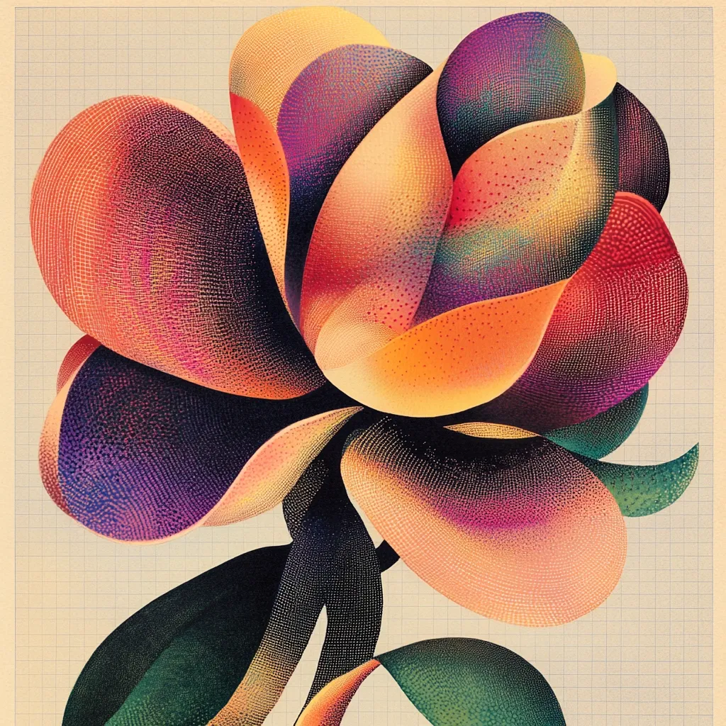 A stylized floral illustration dominates the image, showcasing a vibrant blossom in warm and cool hues.  Petals in shades of orange, purple, and red are rendered with a pointillist technique, creating a textured, almost three-dimensional effect.  The flower's stem and leaves are dark green, contrasting with the brightly colored bloom.  The artwork is set against a light beige gridded background.