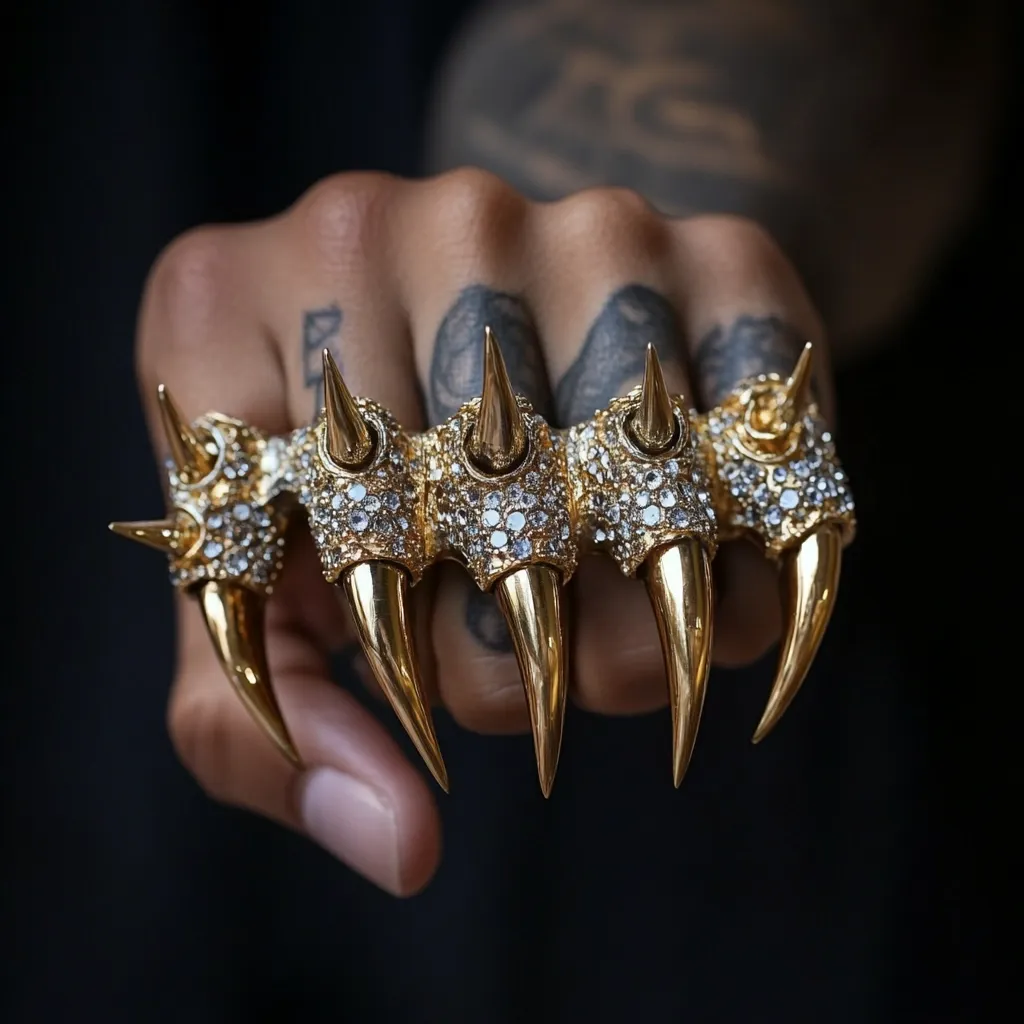 A close-up shot showcases a gold knuckle ring adorned with sparkling clear stones.  The ring features five sharp, claw-like prongs, each tipped with a pointed end.  The intricate design is worn on a hand with visible tattoos, emphasizing the ring's bold and ostentatious nature. The dark background highlights the gold and diamonds, creating a striking contrast.