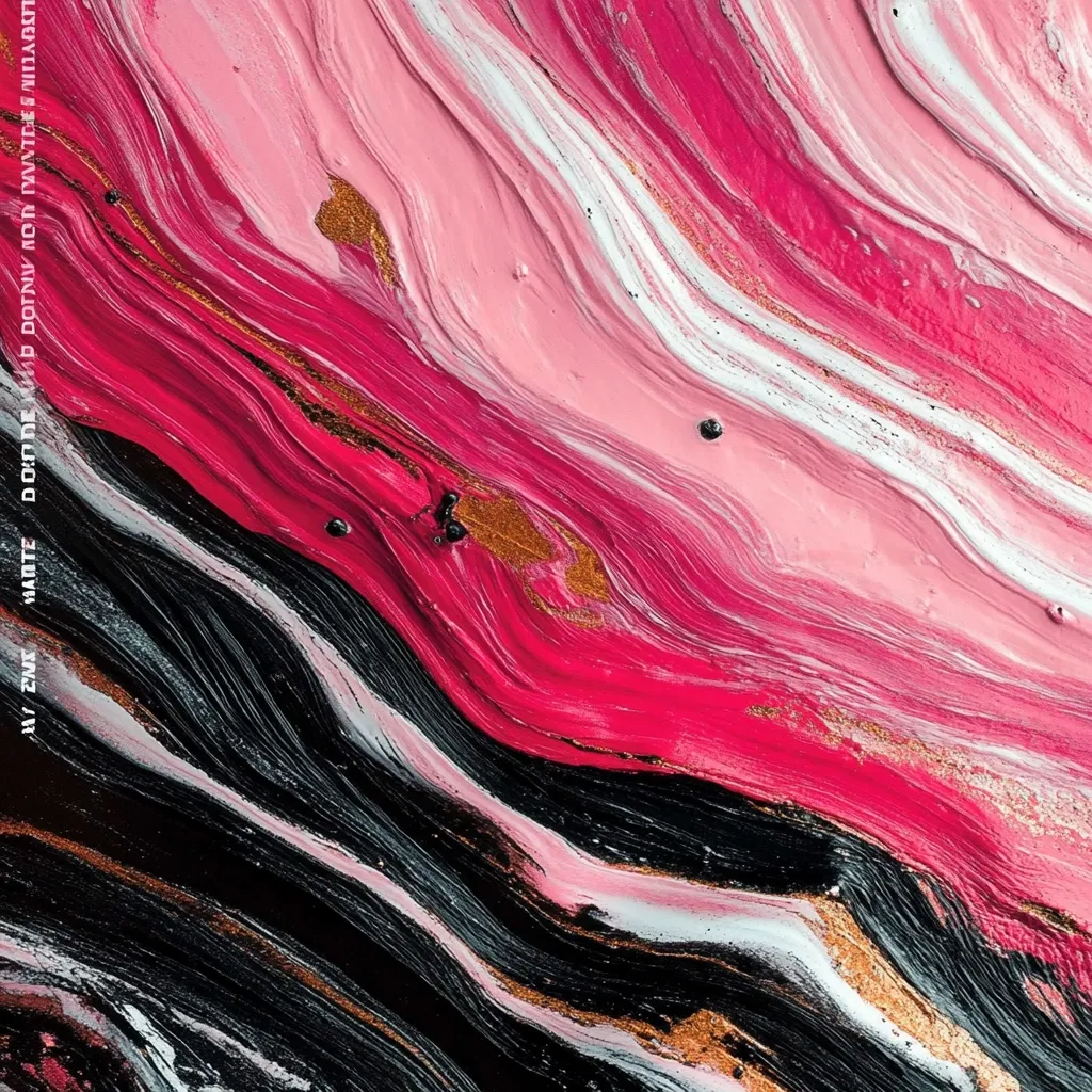 An abstract painting features swirling, vibrant colors.  Predominantly deep pinks and blacks intertwine, creating a fluid, marbled effect.  Thin streaks of gold and white accentuate the movement within the artwork, adding depth and texture. The paint appears thick, showcasing visible brushstrokes or pouring techniques.  The overall impression is one of dynamic energy and luxurious color.
