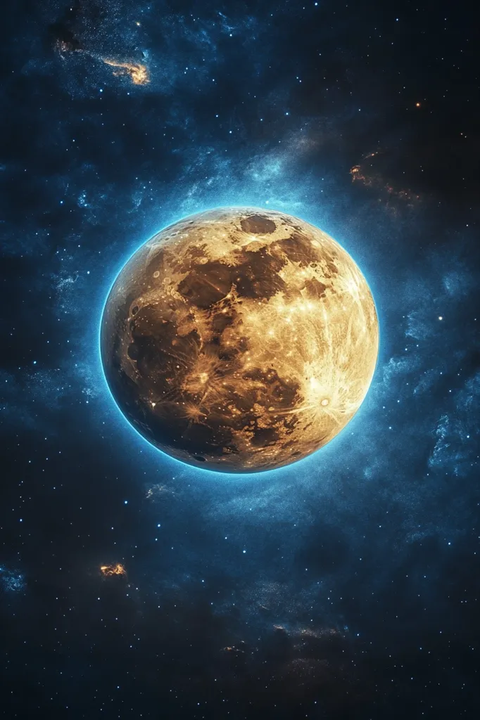 A captivating image depicts a celestial body, possibly a moon or planet, bathed in a golden light.  The surface is textured with craters and valleys, suggesting age and a rich geological history. The cosmic backdrop is a deep blue, speckled with countless stars and nebulae, creating a breathtaking contrast with the central object. A subtle, glowing blue aura surrounds the celestial body, adding to its ethereal beauty. The overall impression is one of cosmic wonder and mystery.