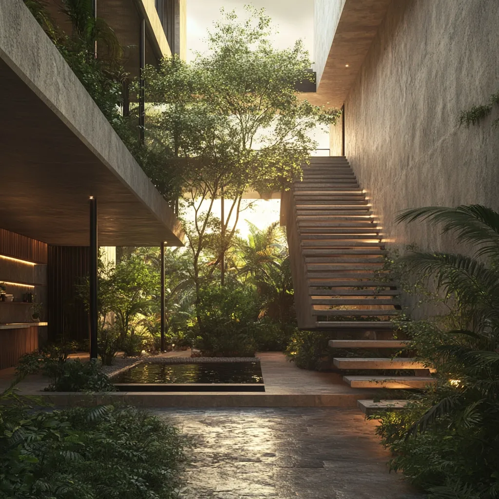 A modern concrete building's interior courtyard features a tranquil reflecting pool, lush tropical foliage, and a concrete staircase bathed in soft light.  The architecture is minimalist, with clean lines and natural materials.  Sunlight filters through the trees, creating a serene and inviting atmosphere. The design seamlessly blends indoor and outdoor spaces, creating a harmonious connection with nature.