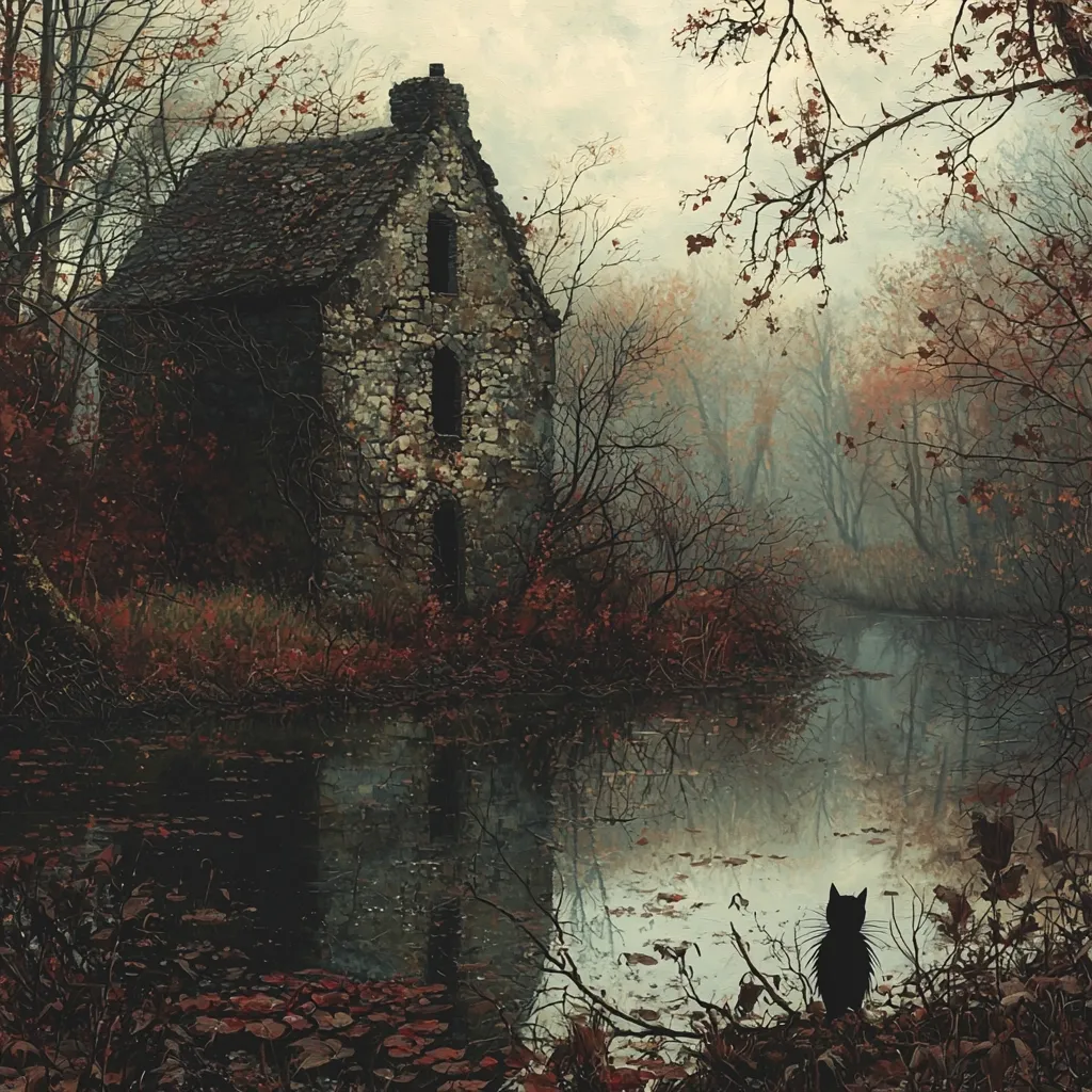 A solitary black cat sits by a still, autumnal pond reflecting a crumbling stone structure.  Bare branches of trees surround the water, their reddish leaves fallen onto the surface.  The old building, possibly a ruin, stands shrouded in mist, creating a mysterious and melancholic atmosphere. The overall palette is muted, emphasizing the somber mood of the scene.