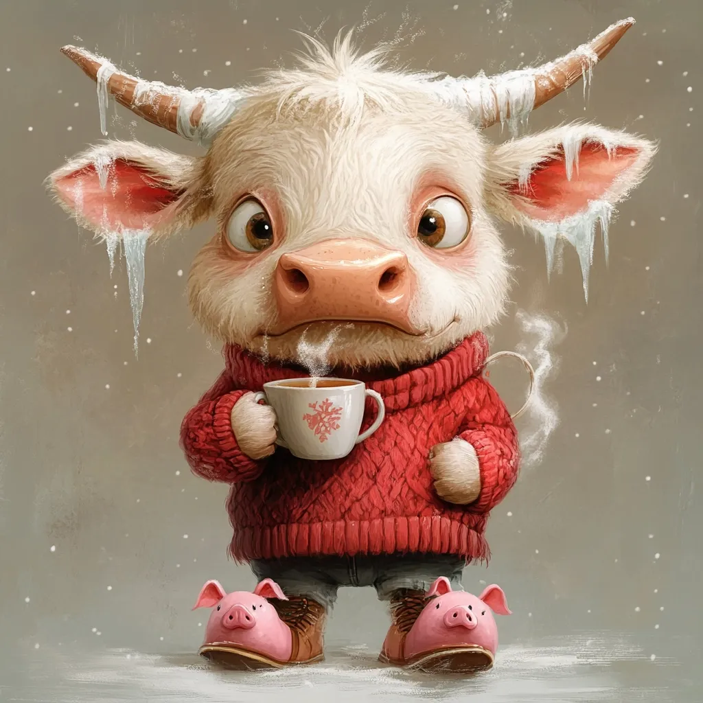 A charming illustration depicts a fluffy white calf, its horns adorned with icicles, bundled in a red sweater and pig-shaped slippers.  The calf contentedly holds a steaming mug, suggesting warmth against a snowy backdrop.  The artwork's style is whimsical and endearing, with soft textures and expressive eyes.