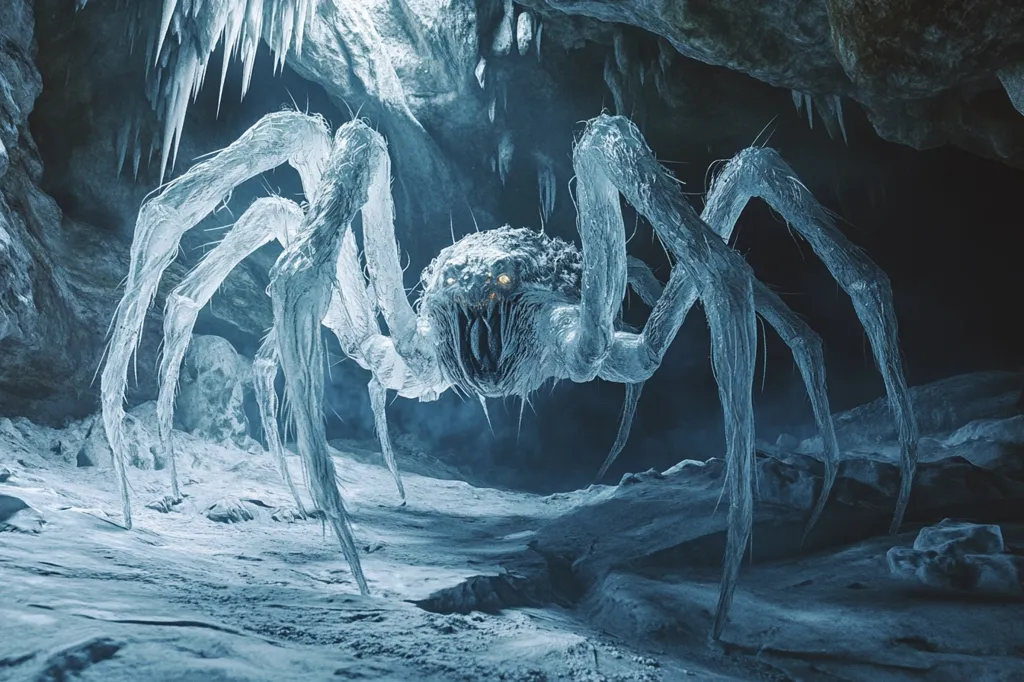 A monstrous, ice-covered spider dominates the frame, its eight long legs splayed across a frigid cave floor.  Icicles hang from the cave ceiling above. The spider's body is textured with frost, and its glowing eyes peer menacingly forward.  The overall atmosphere is dark and chilling, emphasizing the creature's terrifying presence.