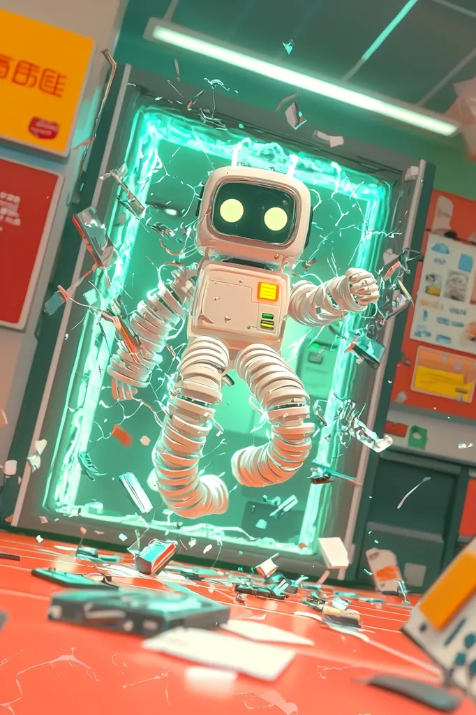 A retro-styled robot, with segmented limbs resembling coiled springs, bursts from a shattered glass vending machine.  The machine glows teal internally as the robot emerges, surrounded by fragments of glass and debris. The scene is set in a vibrant, stylized interior with hints of Asian script on signage. The overall aesthetic is playful yet slightly destructive, showcasing a dynamic digital artwork.