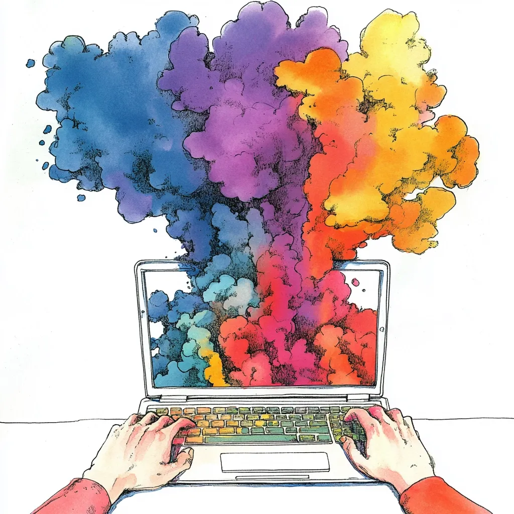 A watercolor illustration depicts a laptop with vibrant, multicolored smoke billowing from its screen.  Two hands are shown typing on the keyboard, suggesting the creation or release of creative energy, ideas, or information. The colors are bold and expressive, symbolizing a dynamic and imaginative process.  The image evokes a sense of boundless creativity and digital expression.