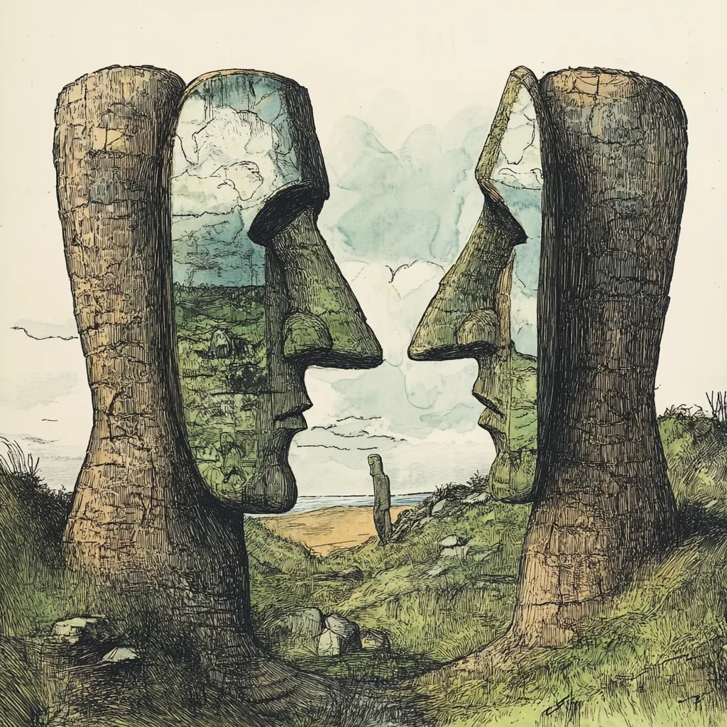 Two colossal heads, reminiscent of Easter Island Moai, face each other across a verdant landscape.  Their surfaces are textured, suggesting age and weathering.  Within each head, a tranquil scene is visible, a landscape mirroring the external one but with a smaller solitary figure.  The overall effect is one of serene contemplation and a juxtaposition of scale and perspective.