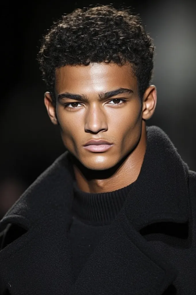 Close-up portrait of a young man with short, curly dark hair. He has a defined jawline and dark brown eyes. His complexion is dark, and he is wearing a dark-colored, textured coat with a high collar. The background is dark and blurred, focusing attention on the model's face and attire.  His expression is serious and intense.