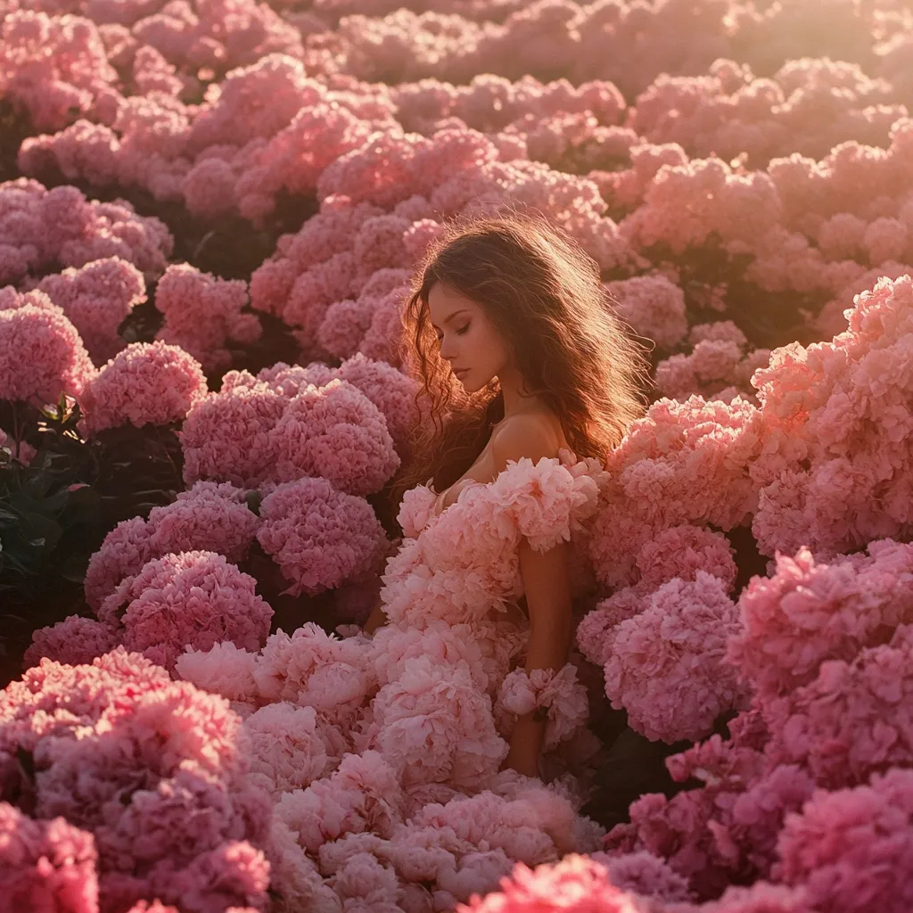 A woman with long brown hair sits amidst a field of pink hydrangeas. She wears a voluminous, off-the-shoulder gown made of delicate, light pink fabric that blends seamlessly with the flowers.  The scene is bathed in warm, golden sunlight, creating a dreamy and romantic atmosphere.  The overall effect is one of ethereal beauty and natural harmony.