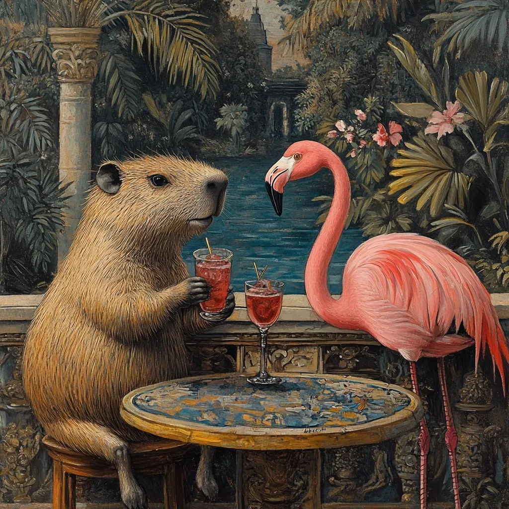 A capybara and a flamingo enjoy cocktails at a small, ornate table overlooking a tranquil pool. Lush tropical foliage forms a vibrant backdrop to this whimsical scene, painted in a style reminiscent of classical realism. The animals are depicted with human-like posture, casually enjoying their drinks.  The overall tone is sophisticated and playful.