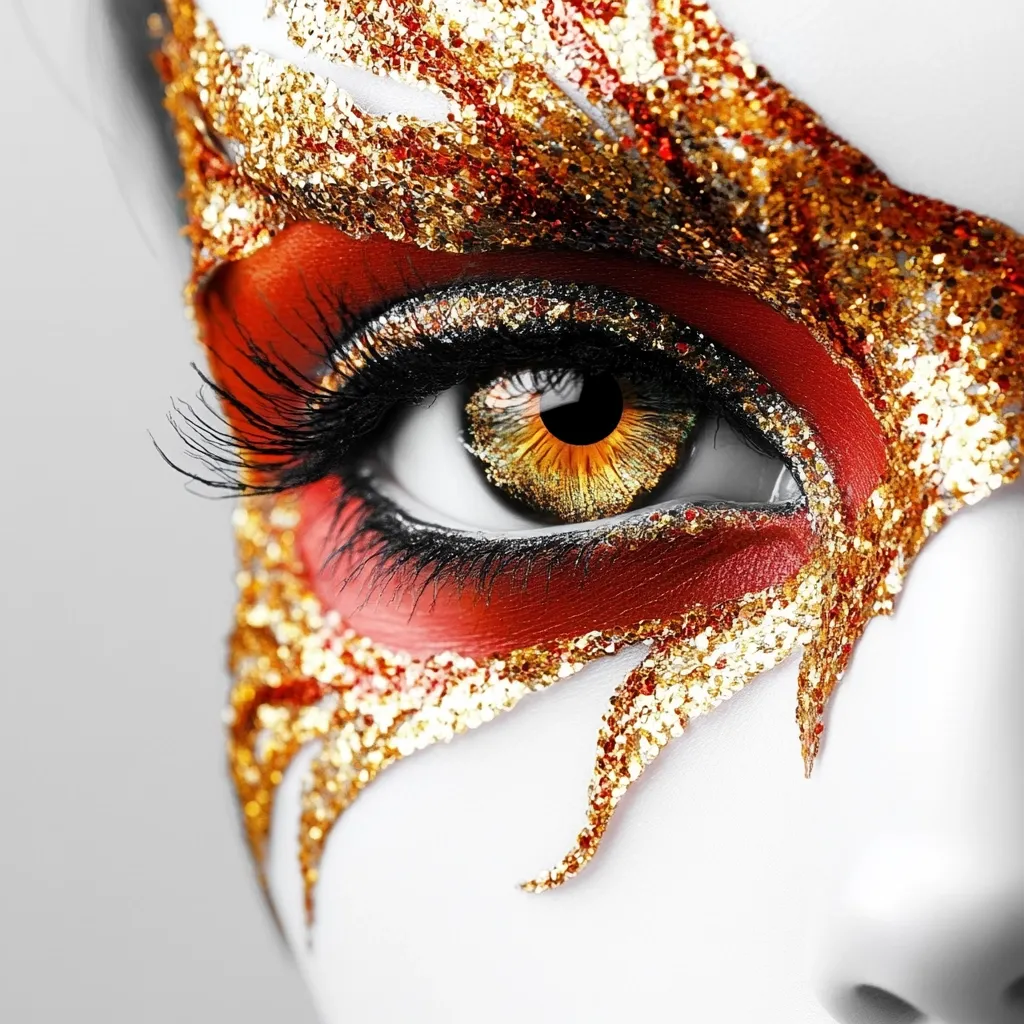 A close-up reveals a woman's eye dramatically adorned with makeup.  Intricate gold glitter accents a fiery red eyeshadow, creating a mask-like effect around the eye. The eye itself is striking, featuring a warm, golden-brown iris. The overall impression is one of opulent, theatrical beauty.