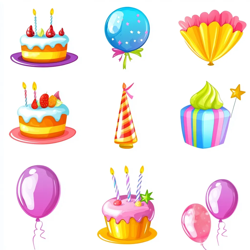 A collection of colorful birthday party icons.  Two cakes with candles, one with strawberries and one with pink frosting, are featured.  There are balloons in various shapes and colors, including a unique fan-shaped balloon.  A party hat and a gift-wrapped cupcake add to the festive assortment.  The illustrations are vibrant and cheerful, perfect for celebrating a birthday.
