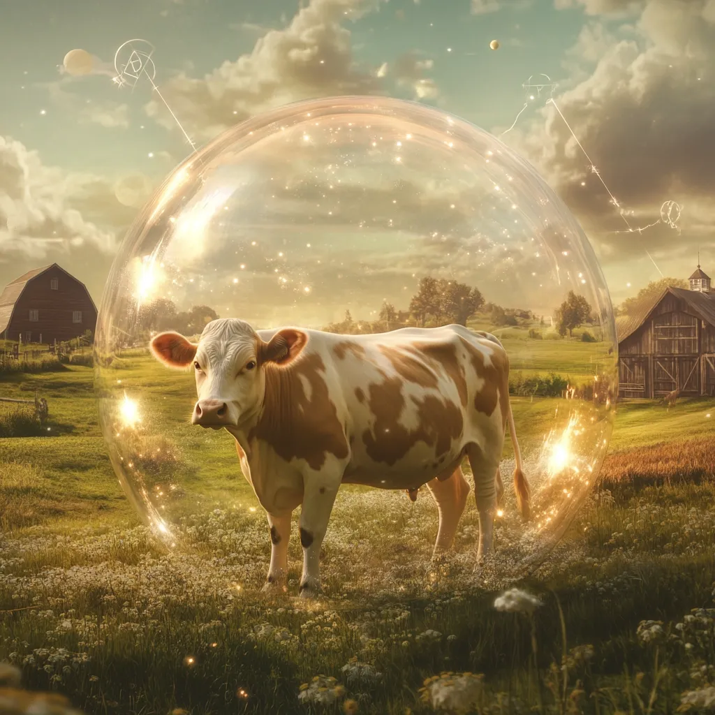 A whimsical image depicts a brown and white cow standing serenely in a lush green field, nestled within a shimmering, transparent sphere.  The idyllic countryside setting includes barns and a soft, golden light.  Celestial elements, including planets and constellations, are subtly incorporated into the background, creating a surreal and magical atmosphere.  The overall impression is one of peace and otherworldly protection.