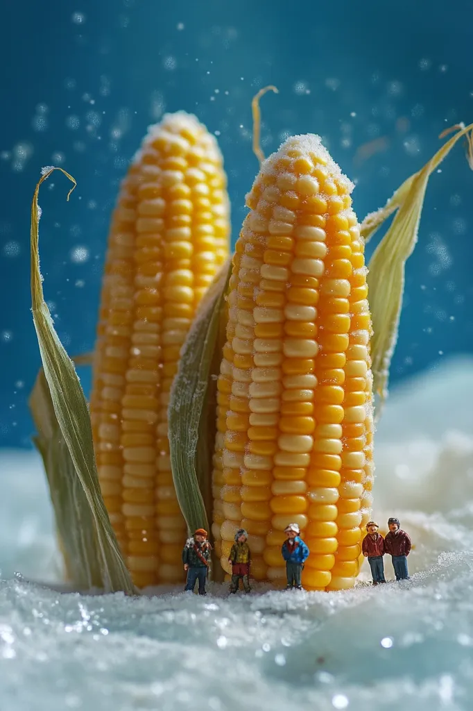 Two large ears of corn, dusted with frost, stand amidst a snowy landscape.  Tiny figurines, resembling hikers, are positioned at the base of the corn, creating a whimsical, miniature scene. The background is a blurred, icy blue, enhancing the frosty atmosphere.  The image is a creative juxtaposition of scale and seasonality.